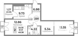 2-к квартира, вторичка, 51м2, 10/10 этаж