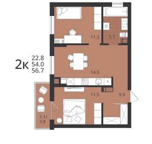 2-к квартира, вторичка, 54м2, 7/9 этаж