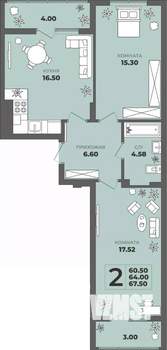 2-к квартира, строящийся дом, 64м2, 1/8 этаж