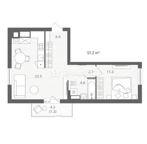 1-к квартира, вторичка, 48м2, 2/7 этаж