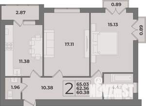 2-к квартира, строящийся дом, 65м2, 9/9 этаж