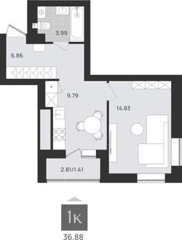 1-к квартира, вторичка, 37м2, 6/9 этаж