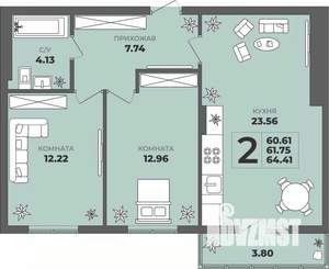 2-к квартира, строящийся дом, 62м2, 3/8 этаж
