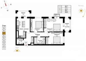 3-к квартира, вторичка, 89м2, 7/9 этаж