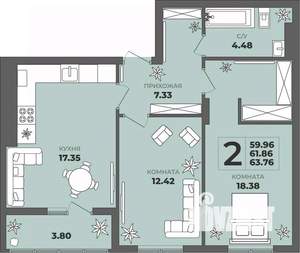 2-к квартира, строящийся дом, 62м2, 5/8 этаж