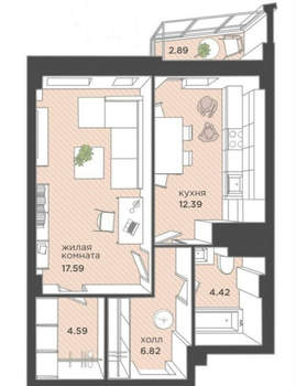 1-к квартира, вторичка, 50м2, 13/25 этаж