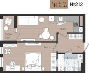 1-к квартира, строящийся дом, 46м2, 3/10 этаж