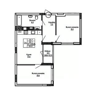 2-к квартира, вторичка, 60м2, 4/9 этаж