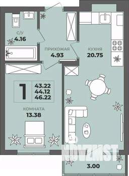 1-к квартира, строящийся дом, 44м2, 1/8 этаж