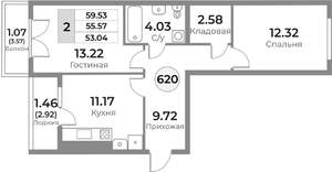 2-к квартира, вторичка, 56м2, 9/10 этаж