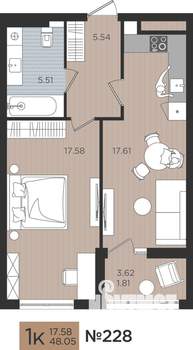 1-к квартира, вторичка, 48м2, 6/10 этаж