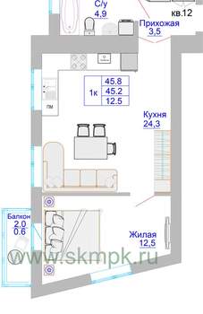 1-к квартира, вторичка, 46м2, 3/8 этаж