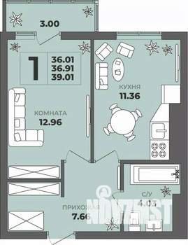 1-к квартира, строящийся дом, 37м2, 8/8 этаж