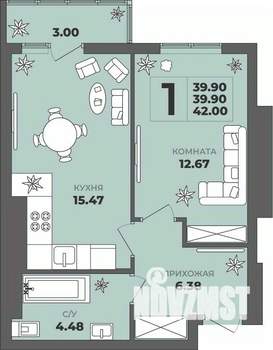 1-к квартира, строящийся дом, 40м2, 7/8 этаж