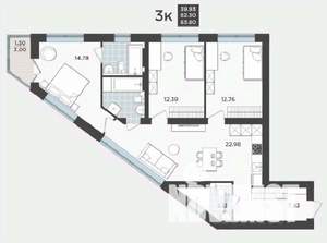 3-к квартира, строящийся дом, 82м2, 8/9 этаж
