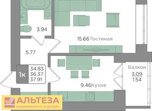 1-к квартира, сданный дом, 36м2, 9/9 этаж