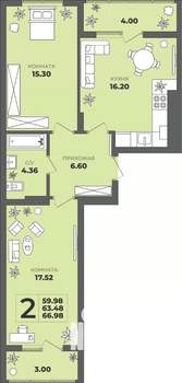 2-к квартира, вторичка, 63м2, 5/8 этаж