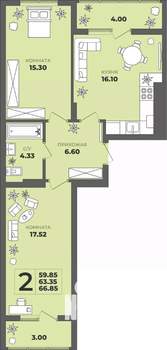 2-к квартира, вторичка, 63м2, 8/8 этаж