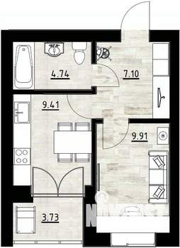 1-к квартира, строящийся дом, 35м2, 1/4 этаж