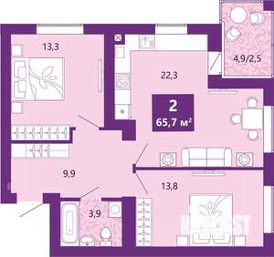 2-к квартира, сданный дом, 66м2, 4/4 этаж