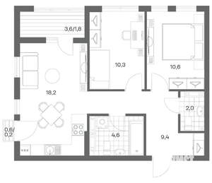 2-к квартира, строящийся дом, 57м2, 8/18 этаж