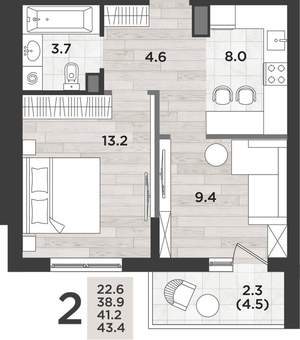 2-к квартира, вторичка, 41м2, 8/14 этаж