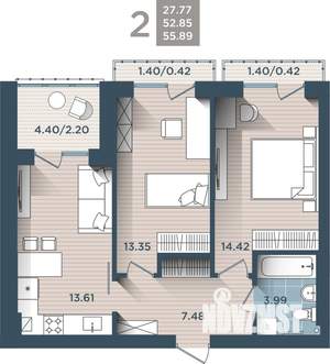 2-к квартира, строящийся дом, 57м2, 4/4 этаж