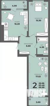 2-к квартира, строящийся дом, 63м2, 4/8 этаж