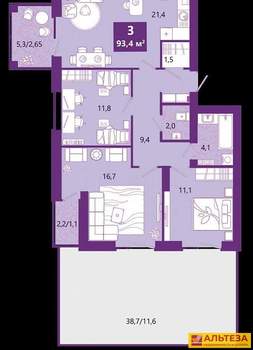 3-к квартира, сданный дом, 99м2, 2/4 этаж