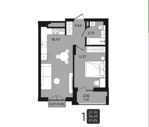 1-к квартира, сданный дом, 42м2, 9/10 этаж