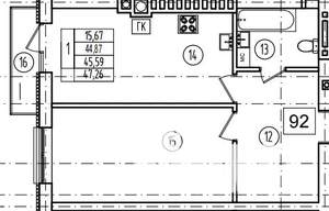 1-к квартира, строящийся дом, 46м2, 5/9 этаж