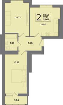 2-к квартира, вторичка, 59м2, 3/9 этаж
