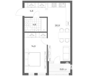 1-к квартира, строящийся дом, 45м2, 4/18 этаж