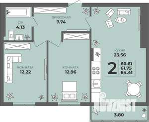 2-к квартира, строящийся дом, 62м2, 2/8 этаж