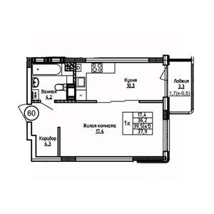 1-к квартира, вторичка, 38м2, 4/9 этаж