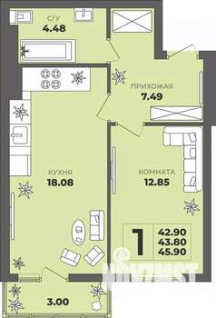 1-к квартира, строящийся дом, 44м2, 8/8 этаж