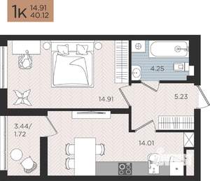 1-к квартира, строящийся дом, 40м2, 4/10 этаж