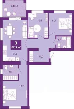 3-к квартира, вторичка, 83м2, 3/4 этаж