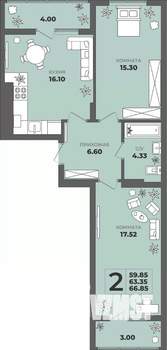 2-к квартира, вторичка, 63м2, 8/8 этаж