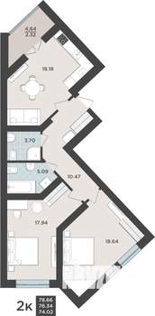 2-к квартира, строящийся дом, 76м2, 1/10 этаж