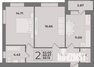 2-к квартира, строящийся дом, 62м2, 1/9 этаж