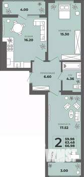 2-к квартира, строящийся дом, 63м2, 4/8 этаж