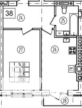 1-к квартира, строящийся дом, 39м2, 6/9 этаж