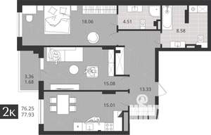 2-к квартира, сданный дом, 76м2, 1/4 этаж