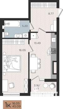 1-к квартира, строящийся дом, 45м2, 10/10 этаж
