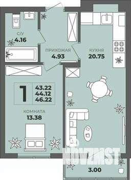 1-к квартира, строящийся дом, 44м2, 1/8 этаж