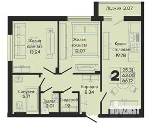 2-к квартира, вторичка, 66м2, 3/10 этаж