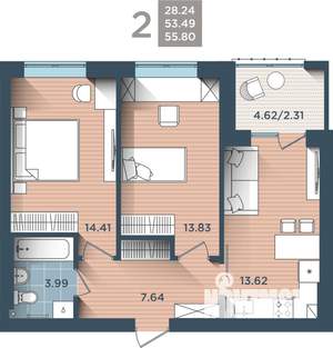 2-к квартира, строящийся дом, 56м2, 1/4 этаж