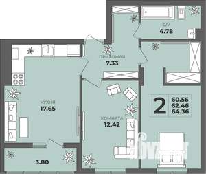 2-к квартира, вторичка, 62м2, 1/8 этаж