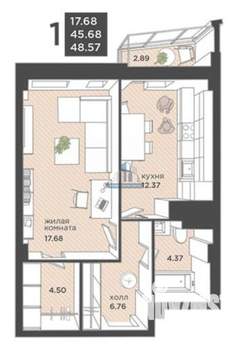 1-к квартира, вторичка, 50м2, 8/25 этаж